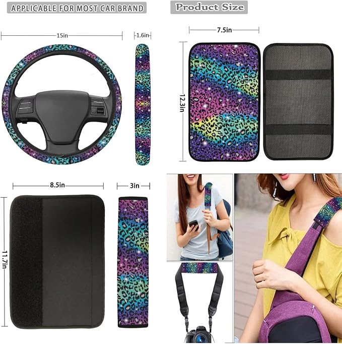 Mumeson Bright Leopard Skin Design Car Seat Covers Set with Steering Wheel Cover, Seat Belt Shoulder Pads,Car Armrest Cushion of Car Full Set of 8 Pieces Auto Interior Protector Set for Womens