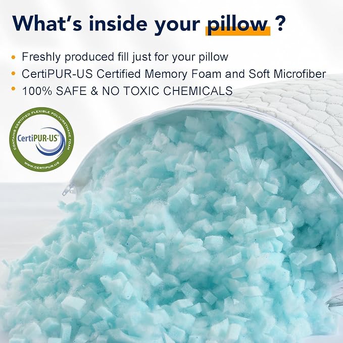 QUTOOL Cooling Pillow for Sleeping, CertiPUR-US Shredded Memory Foam King Pillows Set of 2, Cool Pillow for Hot Sleepers Adjustable Firm Pillow for Side, Back, Stomach Sleepers Soft Yet Support, White