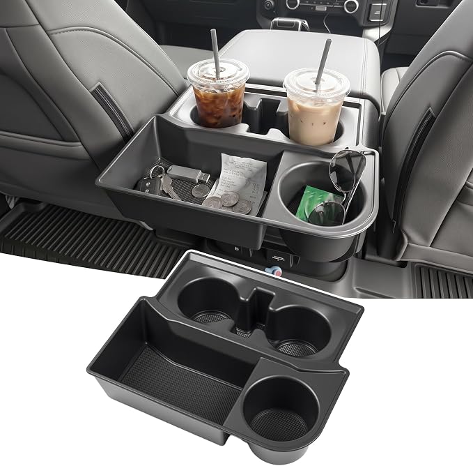 Rear Console Cup Holder Fits for 2021-2026 Ford F150 Bucket Seats Behind Armrest Tray Console Organizer Rear Cup Insert Compatible with F150 Interior Accessories Back Center Console Storage