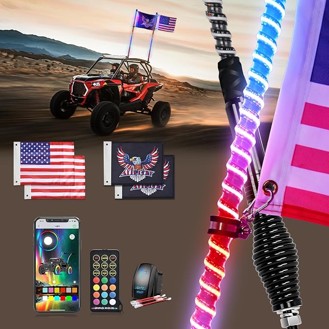 Nilight LED Whip Light 2 PC 5FT COB RGB Spiral Lighted Antenna with Spring Base, Bluetooth App & Remote Control DIY Chasing Patterns & Music Sync Safety Whips for ATV UTV RZR Polaris Can-Am Truck
