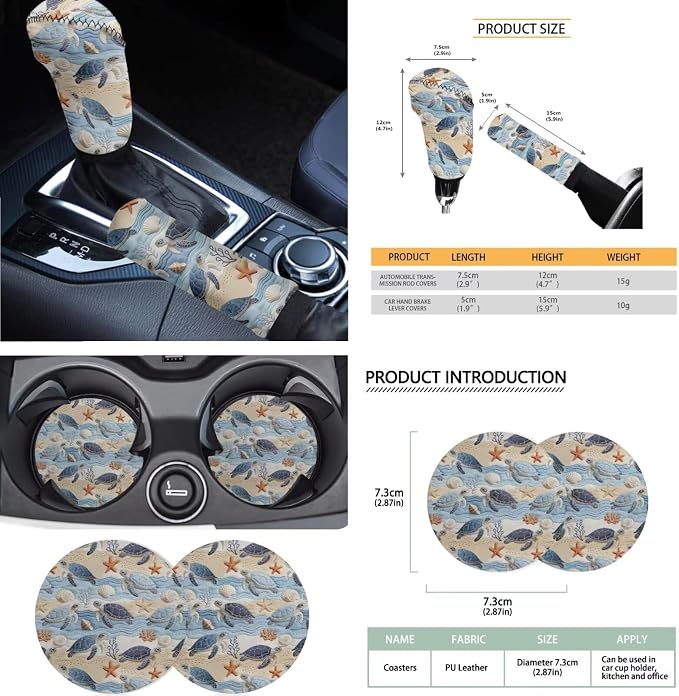 Sea Turtle Print Automotive Seat Covers & Accessories Starfish Shell Print Car Front Rear Seat Covers with Steering Wheel Cover Center Console Pad Seatbelt Pads Headrest Protectors