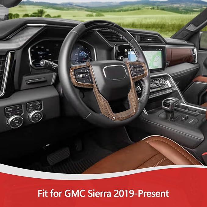 for Sierra Steering Wheel Panel Trim Sticker for GMC Sierra 2019 2020 2021 2022 2023 2024-Present Brown Wood Grain Interior Accessories 1pc