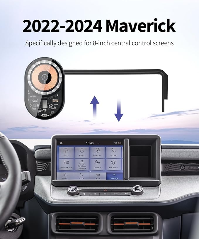 Wireless Charging Car Phone Holder for Ford Maverick 2022-2024, 8" Screen Fixed Clip, 360° Rotation Car Phone Mount Compatible with MagSafe