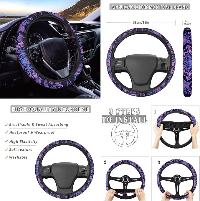 Howilath Purple Mandala Car Seat Cover Set Interior Protector 13 Piece with Auto Steering Wheel Pads, Seat Belt Cushion, Keychains, Cup Mat, Easy to Install