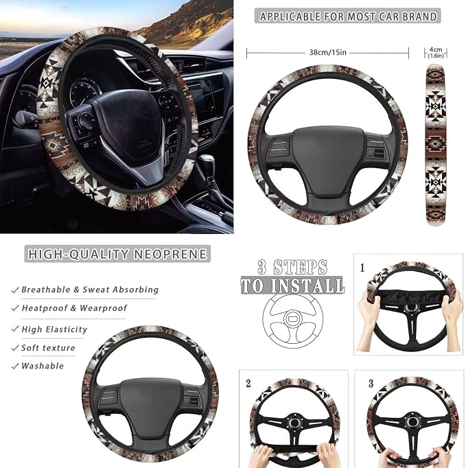 Wanyint Car Seat Covers Full Set 12 Pieces, with Steering Wheel Seat Belt Covers Armrest Pad Handbrake Gear Shift Knob Cover Cup Coaster Universal Fit, Southwest Aztec Dark Brown