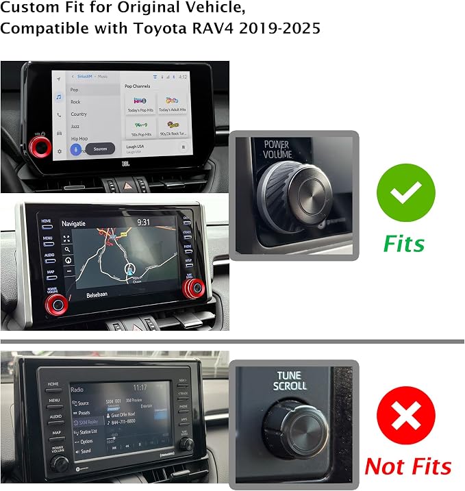 for Toyota RAV4 Hybrid/Plug-in Hybrid Accessories 2019 2020 2021 2022 2023 2024 2025, 7-Piece Aluminum Alloy Knob Cover Trim Kit - Push Start Button, AC, Volume & Drive Mode (Red)