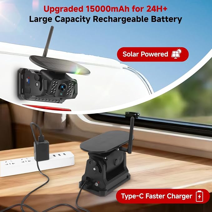 Wireless Magnetic Backup Camera Replacement Add-on for RV | Solar 15000mAh Rechargeable Battery Reverse Camera. Waterproof Night vision for Truck, Trailer, Pickup, Tractor, Camper