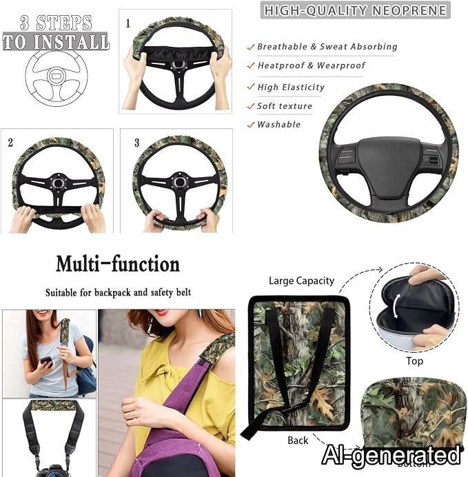 Dreaweet Camo Hunting Seat Covers for Cars Full Set Universial Steering Wheel Cover Seat Belt Pads Trash Bag Vent Storage Pouch Rear View Mirror Cover Car Coasters Keychain 15 Pcs Set