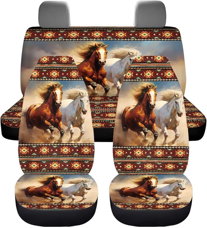 Dreaweet Aztec Horse Seat Covers for Cars Full Set,Brown South Western Car Accessories Steering Wheel Cover/Armrest Cover/Seatbelt Covers/Car Coasters/Gear Shift Cover/Handbrake Cover,12 Pcs Set