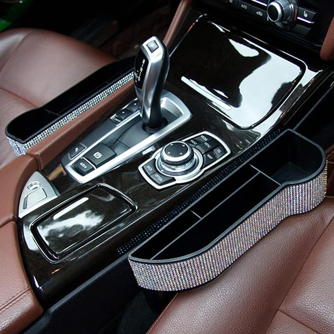 Bling Bling Car Seat Organizer Front Seat Gap Filler with Crystal Rhinestones Diamond, PU Leather Car Seat Console Storage Organizer for Car Accessories (2 Pack Black)