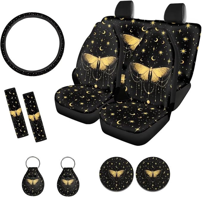 Xoenoiee Butterfly Moon Stars Print 11 Pcs Car Accessories Seat Cover Full Set, Steering Wheel Cover, Front & Rear Seat Cover, Seat Belt Pads, Cup Coaster, Key Chains - Universal Fit