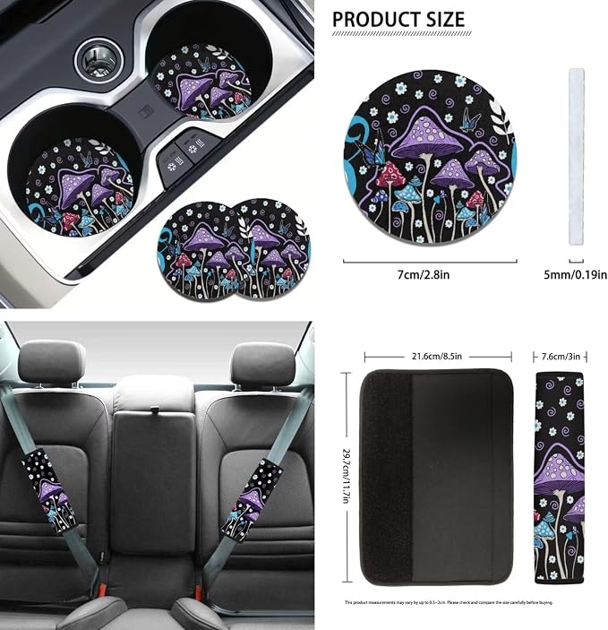 Mushroom Car Seat Covers Set of 12,70S Groovy Flower Butterfly Mushrooms Auto Seat Accessories Interior Set Non Slip 15 Inch Trippy Mushroom Cars Steering Wheel Cover,Keyring,Seatbelt Pad