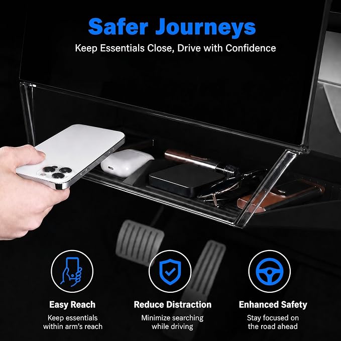 Under Screen Storage Box for 2024 2025 2026 Tesla Cybertruck, Center Console Hidden Dashboard Organizer Tray with Anti-Slip Liner, Quick & Stable Installation Cybertruck Interior Accessories