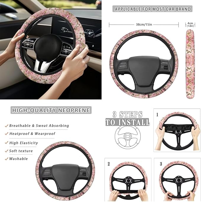 Hummingbird Flowers 13 Pack Car Seat Covers Full Set Steering Wheel Cover Seat Belt Cover Keychain Holder Armrest Cushion Protector Universal Fit Most Vehicles Cars SUV