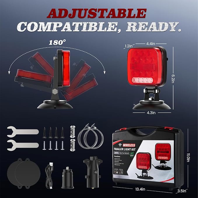 Wireless Trailer Lights Magnetic, Portable Rechargeable LED Towing Light Kit with 180° Adjustable Angle, IP67 Waterproof | Brake, Tail, Turn Signal, Reverse & Strobe Lights for Truck, RV, Camper, Boat