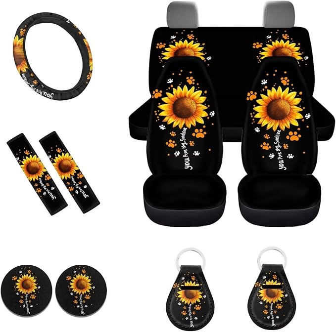 POLERO You are My Sunshine Car Seat Cover Set for Women Cute Dog Paws Print Car Accessories 11pcs Steering Wheel Cover Sets with Keychains