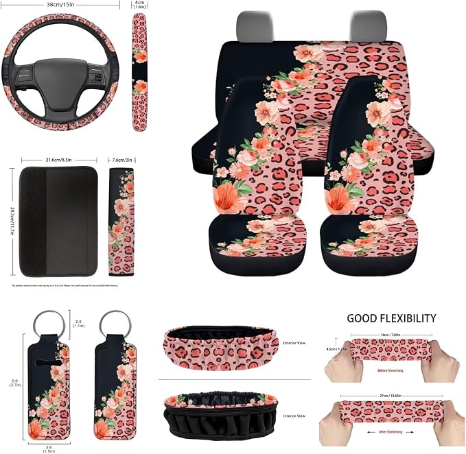 Pink Flower and Leopard Car Seat Cover Full Sets Leopard Car Accessory Cute Floral Auto Steering Wheel Covers Car Rear View Mirror Covers Wristlet Keychains Leopard Coaster Car Protectors Set