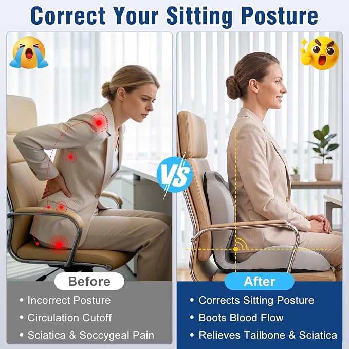 Car Seat Cushion with Lumbar Support Pillow, Memory Foam Office Chair Cushion for Back Pain Sciatica Pain Relief, Ergonomic L-Shaped Seat Cushion for Car Truck Driving Office Chair Home (Back Gray)