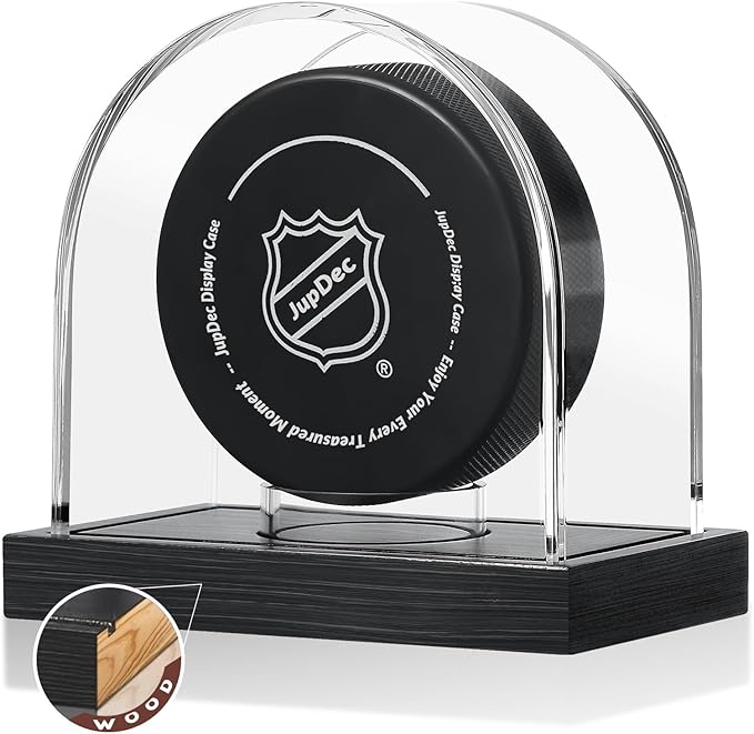 JupDec Hockey Puck and Collectibles Display Case, Premium Acrylic Clear Box Puck Holder with Mahogany Wood Base, Showcase for Autographed Souvenir Memorabilia, Collectible Figure Stand, Black