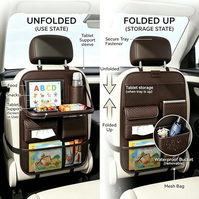 Premium PU Leather Car Seat Back Organizer with Foldable Tray & Transparent Touch Screen Tablet Pouch, Travel Accessories with Storage Bin, Cup Holder, Tissue Pocket, Hook, Fit SUV Sedan Truck (Brown)