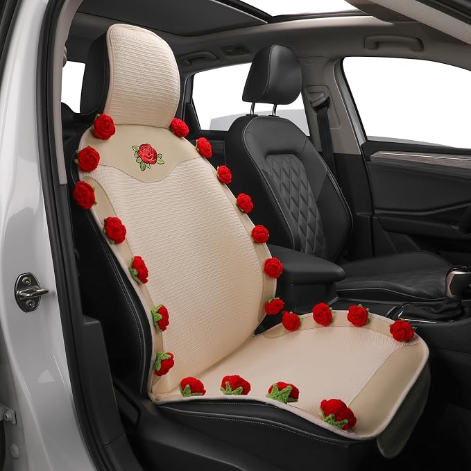 Car Seat Covers,Handmade 3D Rose Design Floral Car Seat Protector,Beige&Red Elegant Seat Cushion,Luxury Universal Front Seat Covers for Women for Cars,SUVs&Trucks (1-Piece)