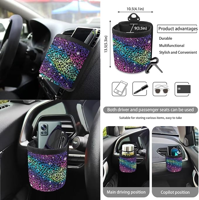 Leopard Galaxy Pattern Bucket Seat and Rear Split Bench Cover Steering Wheel Cover Car Trash Bin Seat Belt Pad Keychain Coasters Air Outlet Bag 15pcs Car Accessories