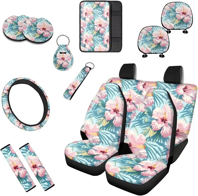 Tropital 13 Pcs Car Seat Covers, Pink Watercolor Hibiscus Universal Driver Seat Cover Protector Armrest Pad, Palm Leaf Steering Wheel Armrest Cover Seatbelt Cup Mats