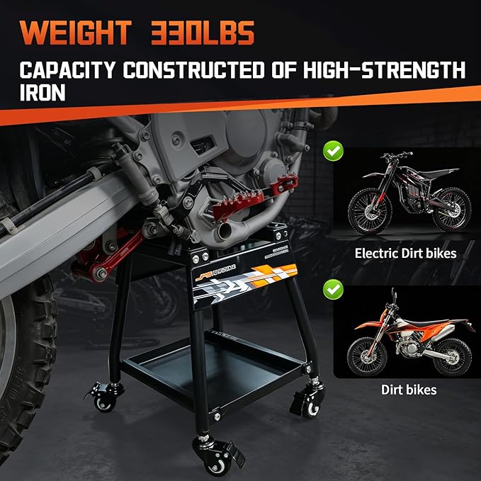 JFG RACING Dirt Bike Stand Detachable Dirt Bike Maintenance Stand Movable Pit Bike Stand with Wheels and Tool Tray