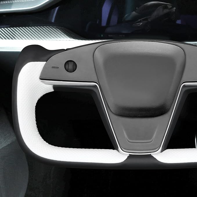 MEWANT Black White Leather Steering Wheel Cover for Tesla Model S Yoke 2021-2023 Model X Yoke Hand Stitch Steering Wrap