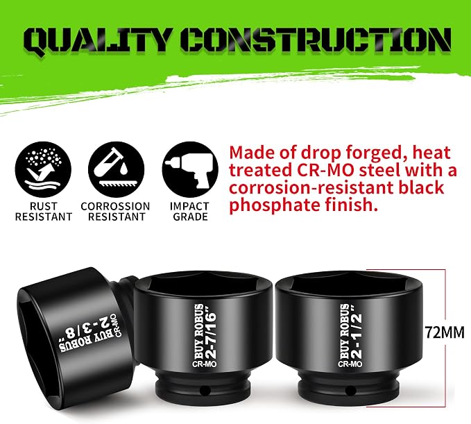 3/4 Drive Stubby Impact Socket Set, 8 PCS Axle Nut Set 12point SAE Standard Sizes 2-1/16, 2-1/8, 2-3/16, 2-1/4, 2-5/16, 2-3/8, 2-7/16, 2-1/2, Heavy Duty Use In Removing And Installing Axle Nuts