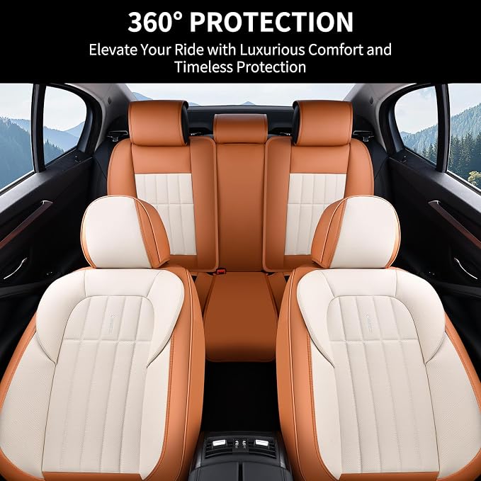 FLORICH Car Seat Covers Full Set, Leather Seat Covers for Cars, Waterproof Car Seat Protectors 5 Seats, Front and Rear Seat Covers for Cars, Automotive Seat Protector Fit for Most Car SUV - BrownBeige