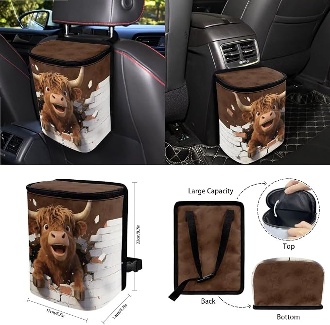 Wanyint 15 PCS Car Seat Covers Set for Women, with Steering Wheel Rear View Mirror Cover Seat Belt Pads Trash Bin Sunglass Pocket Coasters Key Chain Car Accessories, Funny Highland Cow Brown