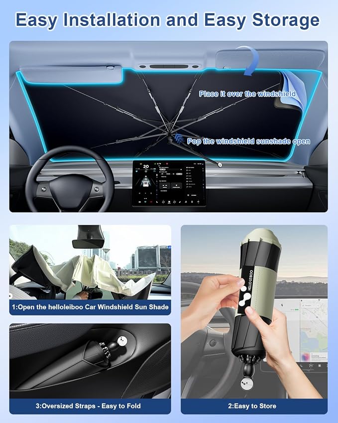 helloleiboo Car Windshield Sun Shade Umbrella 57" x 32", Windshield Sun Shade Foldable with 5-Layer Thickened Vinyl Coating Reflective Heat & UV Protection Fits Most Sedans & Compact SUVs
