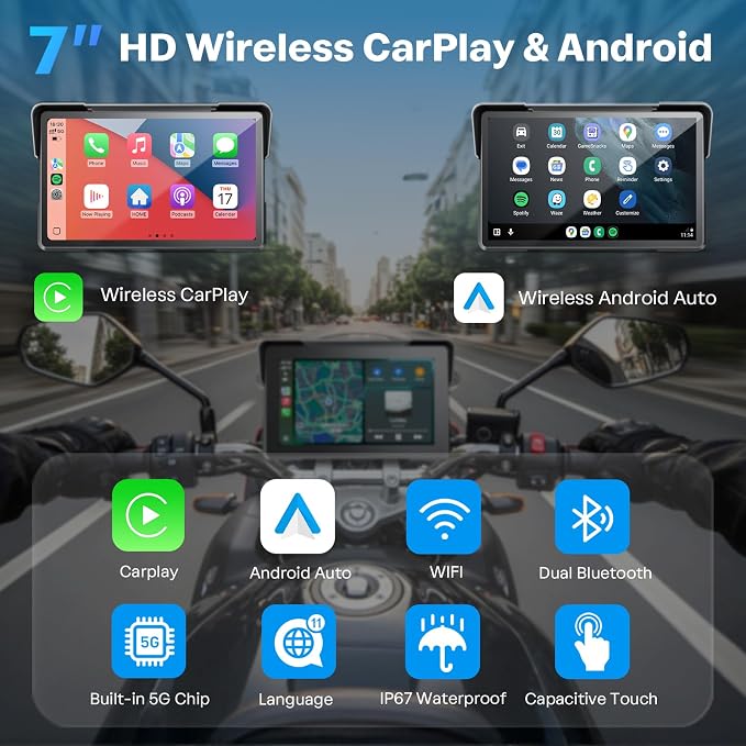 WonVon 7 Inch Wireless Motorcycle Carplay GPS Navigation System with Apple Carplay and Android Auto Portable Screen with Dual Bluetooth, Navigation, Siri, Google Assistant with Magnetic Mount