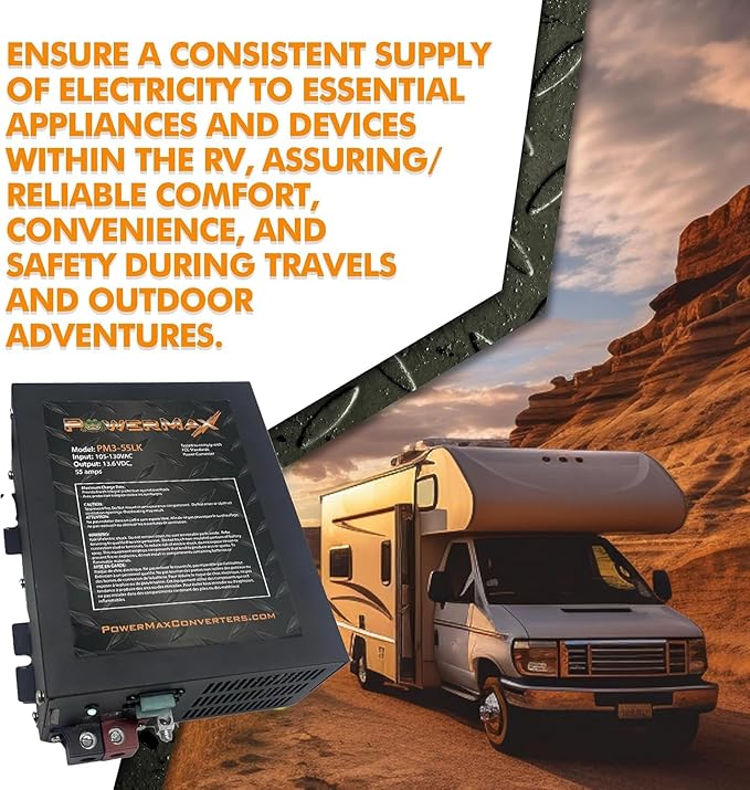 PowerMax PM3-55 RV Power Converter | High-Performance 110 Volt to 12 Volt DC Power Supply Charger w/ 55 Amp Capacity | Ideal for Efficient & Reliable Power Management in Recreational Vehicles