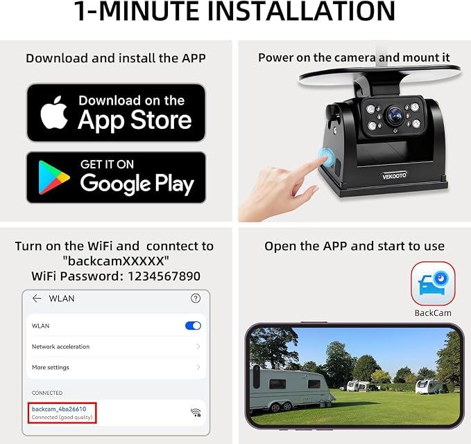 VEKOOTO MZ6 WiFi Magnetic Solar Backup Camera Rechargeable Battery Wireless for Truck RV Trailer Car Easy Hitching Gooseneck Horse Boat Travel Trailer Fifth Wheels RV Camper Reverse