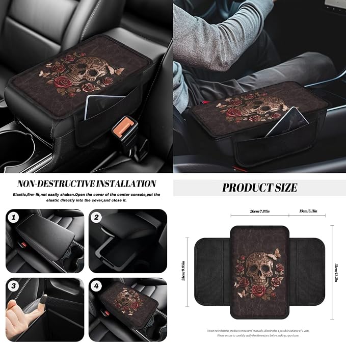 Skull Rose Print Automotive Seat Covers Full Set Includes Car Front and Rear Seat Covers Steering Wheel Cover Armrest Cushion Safety Belt Pads Cup Coasters, etc, Easy to Install
