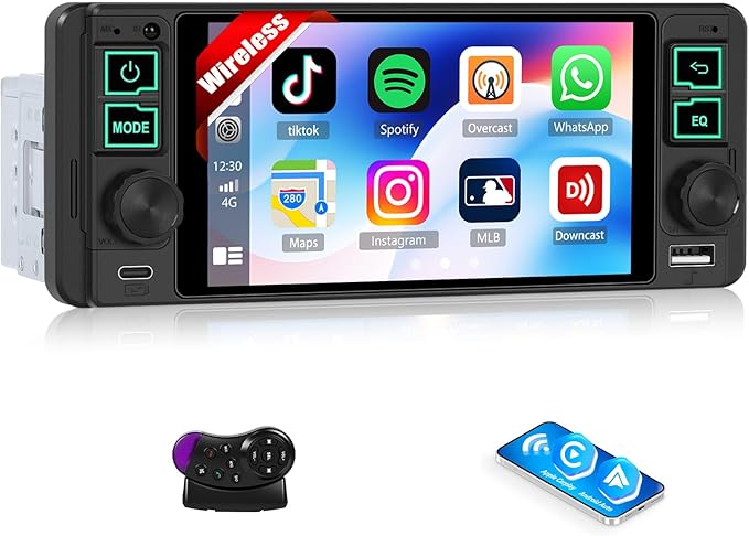 Single Din Radio Car Stereo with Wireless and Wired CarPlay & Android Auto 5.1" with Bluetooth 5.2 Car Audio Receiver AM&FM, EQ, TF, AUX＆USB, Fast Charging, AHD Backup Camera MIC
