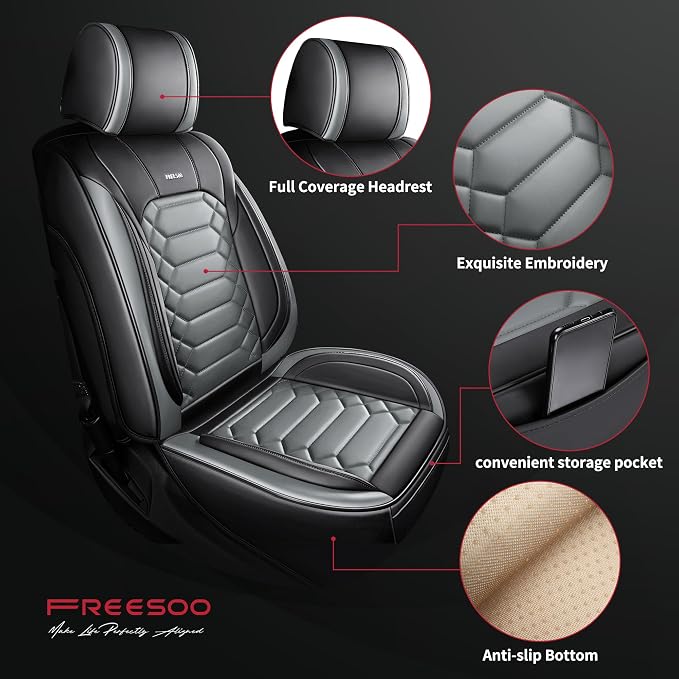 FREESOO for Silverado 2014-2018 Faux Leather Full Set Seat Covers, Fit for Chevy Silverado GMC Sierra 1500 2500 3500 Crew Cab Waterproof Truck Seat Covers BlackGrey