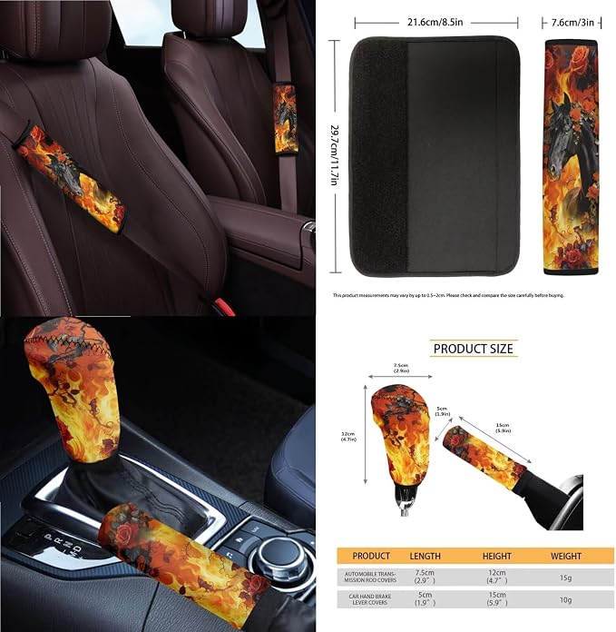 Horse Rose Print Car Interior Cover Set of 14 Fire Print Front and Rear Split Bench Seat Covers with Steering Wheel Cover Center Console Pad Safety Belt Pads for SUV Truck Sedan