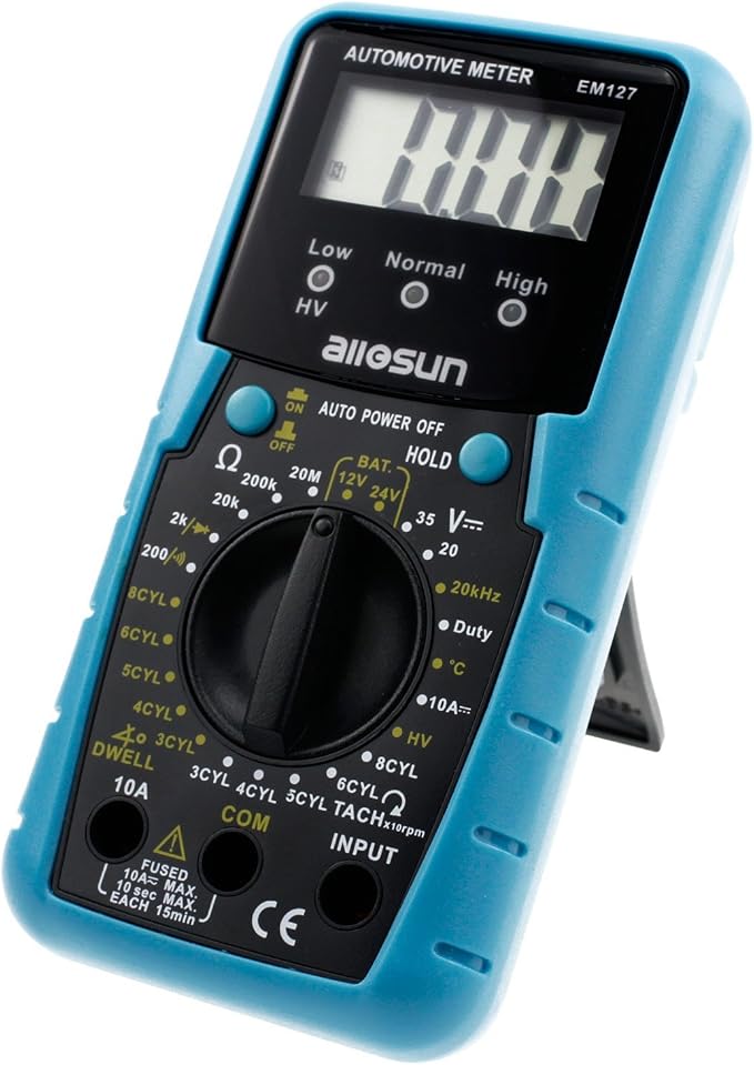 ALLOSUN EM127 Digital Automotive Meter Digital Multimeter RPM Dwell Angel Ignition System Test Duty Cycle Measurement 1999 Reading LCD DCV DC Resistance Measure