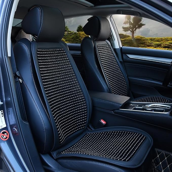 Blueshyhall Cooling Wooden Beaded Car Seat Cover Comfortable Massage Support Cushion for SUV Auto Office Home Seat Chair - Black 2 Pcs