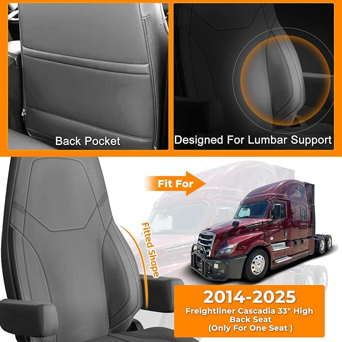 Leather Seat Cover Compatible with 2014-2025 Freightliner Cascadia 125 116 126, 33in High Back Seat Cover with Armrest Cover, Driver or Passenger Side Only One Seat