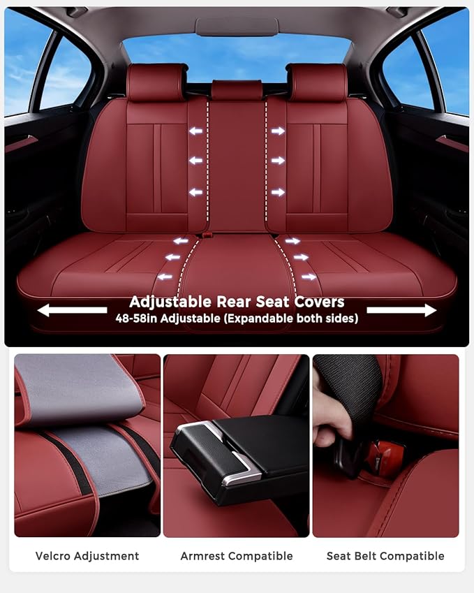 Huidasource Rear Car Seat Cover Luxury Nappa Leather, Rear Seat Cover with Velcro Adjustable, Ventilation Holes, Child Seats, Back Seat Covers for Cars Universal Fit for Most Cars SUV Trucks, Red