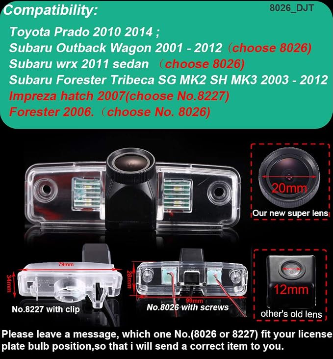 HD 20mm Lens IP68 170° Wide Angle License Plate Light Rear View Reversing Camera Compatible with Toyota Prado/Subaru Outback Wagon WRX Sedan Forester Tribeca SG MK2 SH MK3/Impreza Hatch (NO.8026)