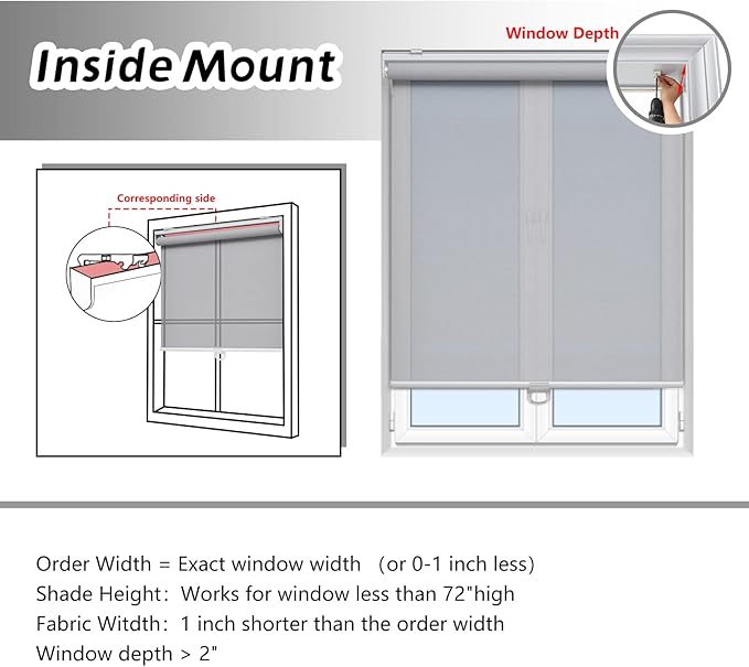 AOSKY Cordless Roller Shades for Windows Light Filtering Shades with 5% Openness Solar Screen Semi Sheer Roller Blinds UV Protection for Office and Home. Easy to Install 45" W x 72" H (Grey)