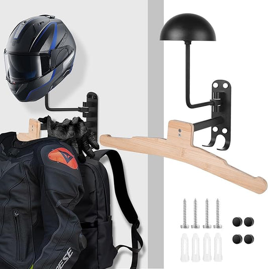 Kikerike Metal Bike Helmet Rack Wall Mount - 180 Degree Rotation, Stand with Wood Hanger & 2 Hooks for Motorcycle, Bike, Baseball, Rugby Helmets - 1 Pack