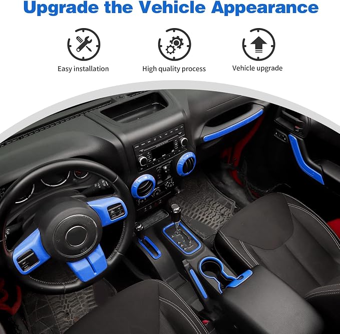 CheroCar 18PCS Interior Trim Kit for Jeep Wrangler JK JKU 2011-2018 4 Door,Steering Button Frame, Air Conditioning Vent Trim Cup Holder Cover,Gear Shift Knobs Frame,Blue…