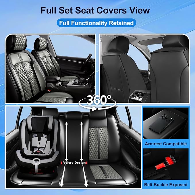 Fit Envision Car Seat Covers for Select Buick Envision 2016-2026 - Premium Full Coverage Leather, Airbag Compatible, Waterproof & All Weather Seat Cushion Protector, Front Pair Black+Gray