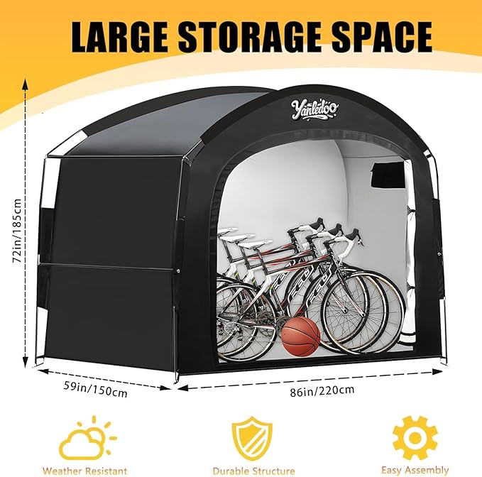 XXL Bike Storage Tent, Waterproof Portable Bicycle Shelter with 30% More Top Storage Space for 3-5 Bikes, Easy Setup Outdoor Bicycle Tent, Clips for Camping, Sports Equipment, Outdoor Storage, Black